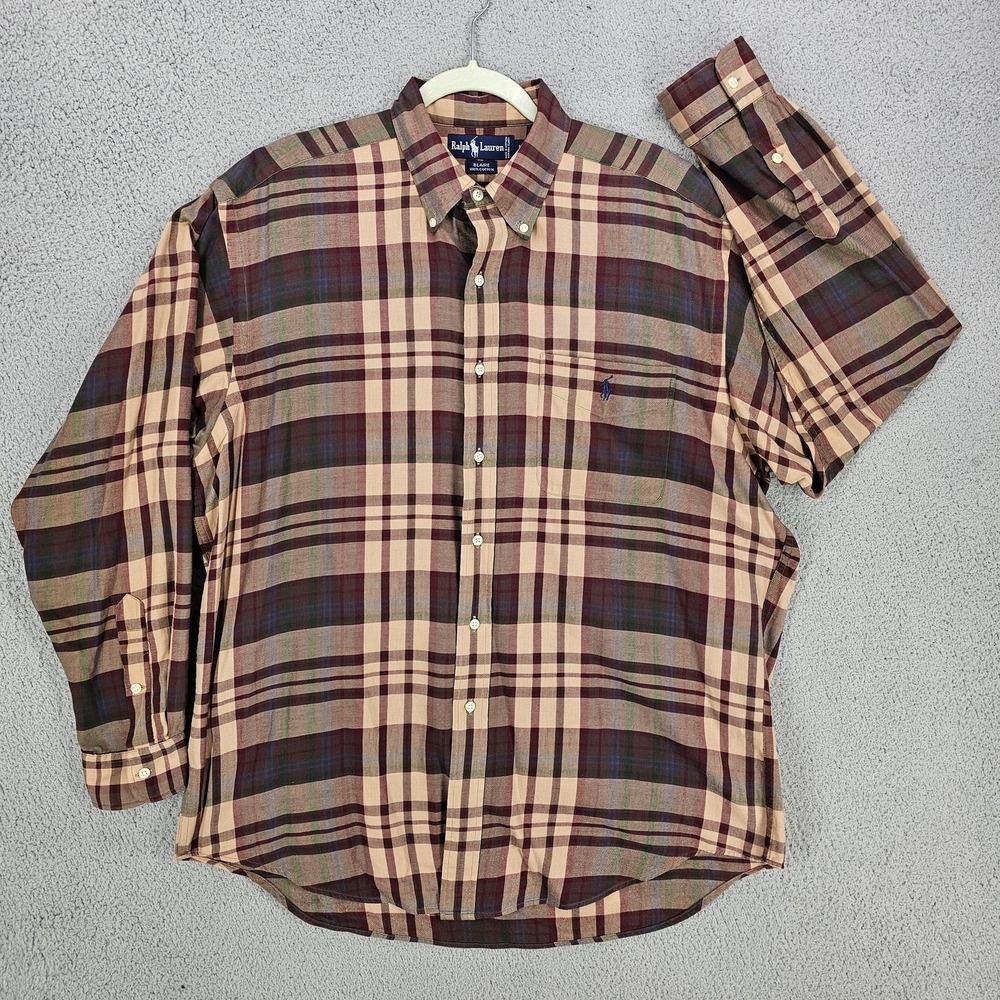 Ralph Lauren Shirt Mens Large Tan Plaid Blaire Button Down Long Sleeve Cotton